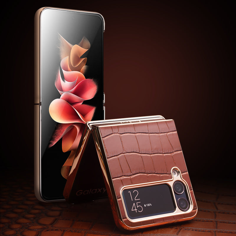 QIALINO stødsikker etui til Samsung Galaxy Z Flip4 5G Hard PC ægte lædercover Anti-drop telefoncover med støtteben QIALINO stødsikker etui til Samsung Galaxy Z Flip4 5G Hard PC ægte lædercover Anti-drop telefoncover med støtteben